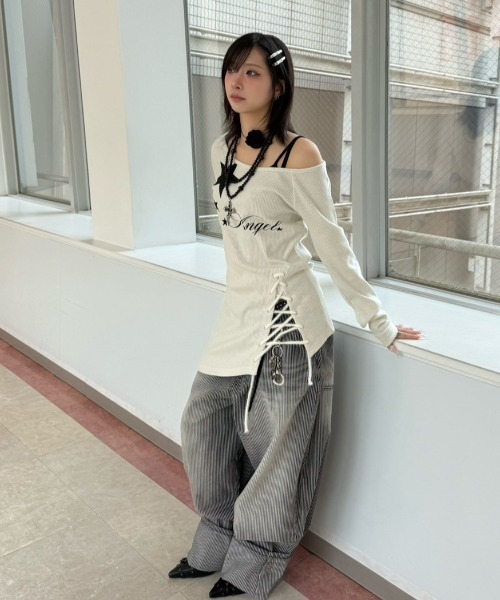 ワイドパンツ ジーンズ 「nmtc+」stripe wash wide denim pants