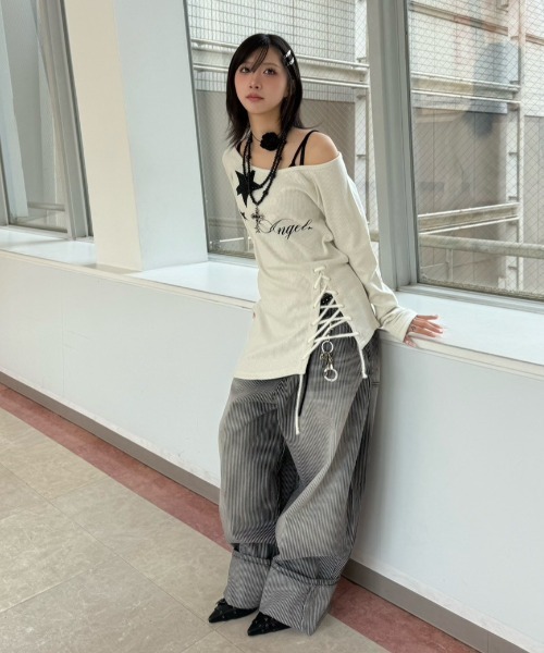 ワイドパンツ ジーンズ 「nmtc+」stripe wash wide denim pants