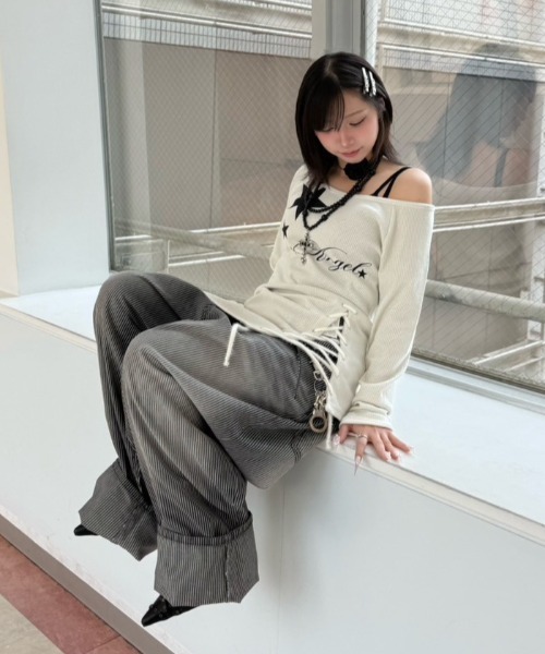 ワイドパンツ ジーンズ 「nmtc+」stripe wash wide denim pants