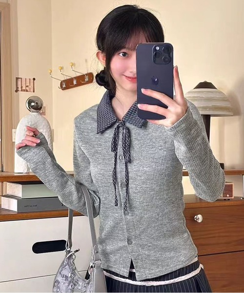 AsheKsha カーディガン 「新作」格子柄の襟付きニットカーディガン
