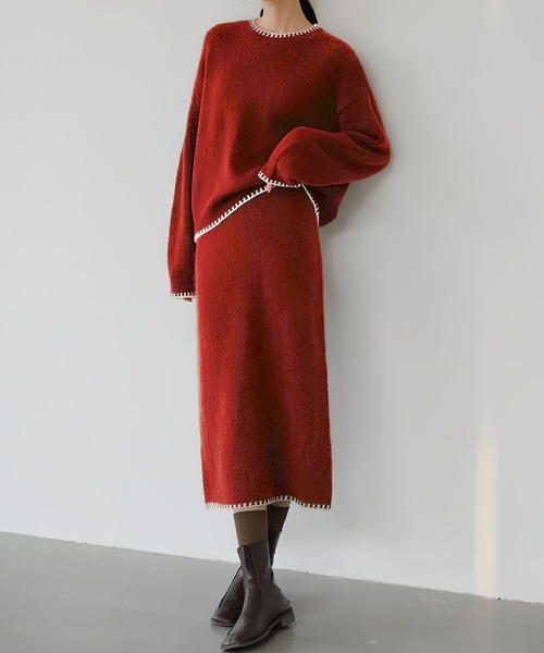 2ly2 セットアップ 配色ステッチニットセットアップ レディース