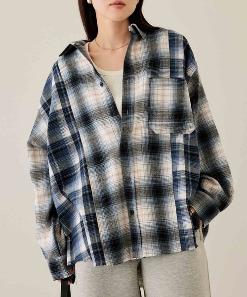 NAVY シャツ オンブレチェック切り替えネルシャツ メンズ レディース