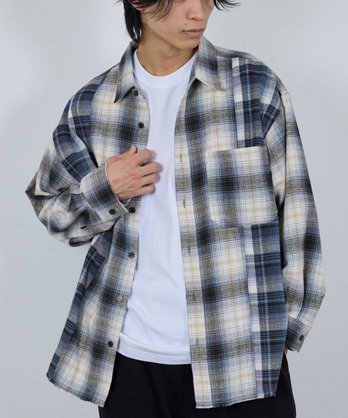 NAVY シャツ オンブレチェック切り替えネルシャツ メンズ レディース