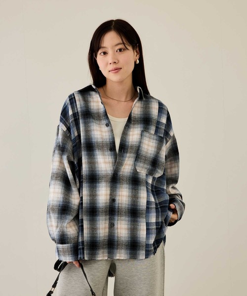 NAVY シャツ オンブレチェック切り替えネルシャツ メンズ レディース