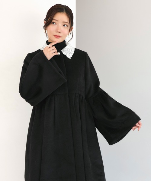 レース襟 ブラックロングコート ウール素材 RUIRUE BOUTIQUE（ルイルエブティック） コート アウター レース襟