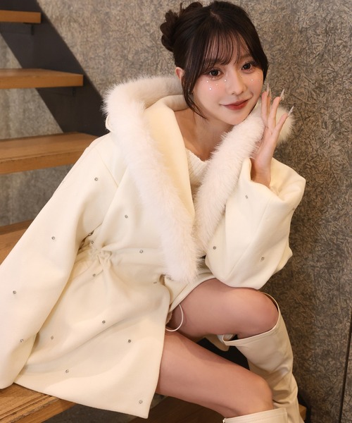 ビジューコート one after another NICE CLAUP ノーカラーコート コート ビジュー付き