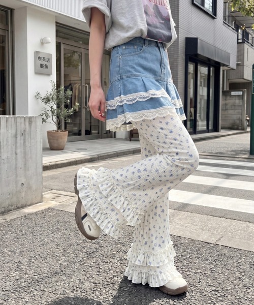 SOLLON.（ソルロン） ワイドパンツ パンツ ダブルフリル花柄フレア
