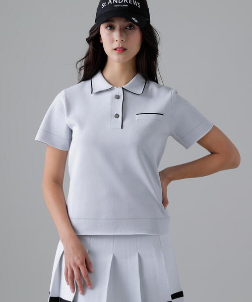 ニット セーター 16Gダブルジャガード半袖ニットポロ (WOMENS) レディース