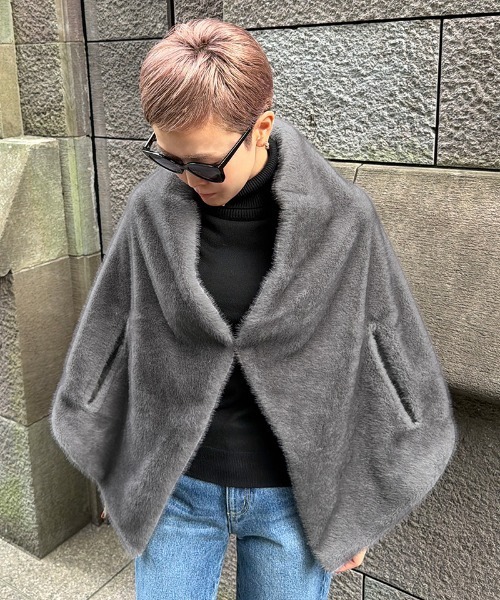 グレー刺繍ケープコート　ショートミンク コート アウター ファーケープ「ミンク調」 レディース : ZOZOTOWN