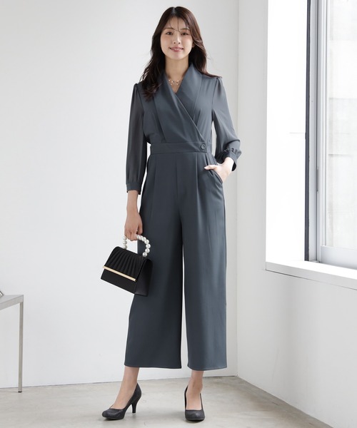 パンツドレス ジャンプスーツ シアー 白 半袖 パーティー 結婚式 DRESS+ パンツドレス ジャンプスーツ シフォン S M L パーティー