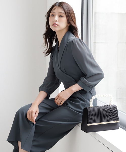 【送料込】パンツドレス ジャンプスーツ パーティー 長袖 DRESS+ パンツドレス ジャンプスーツ シフォン S M L パーティー
