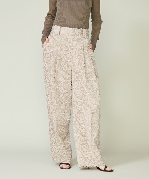 中古】コンテ conte ジャガード タック ワイドパンツ 38 アイボリー  