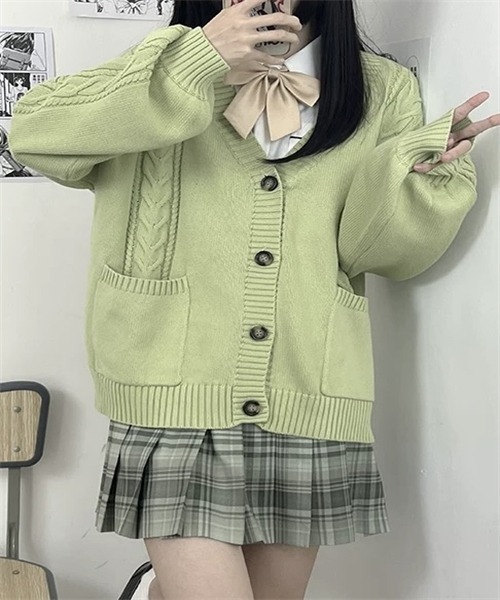 カーディガン ゆったりサイズ ケーブル編 Vネックニットカーディガン 