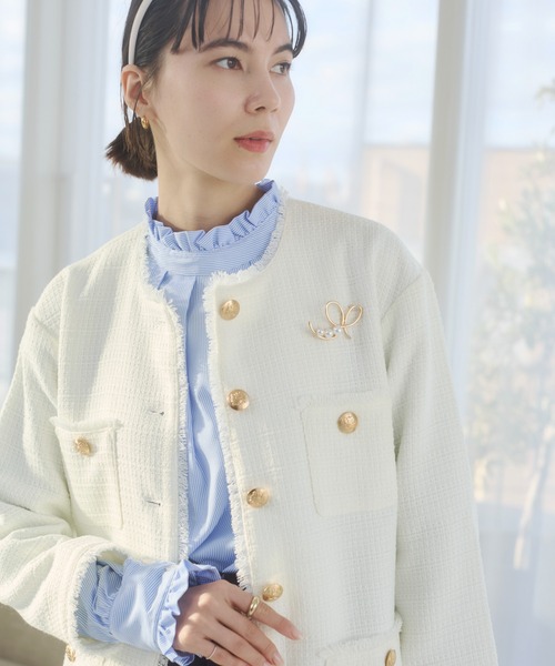 美品　Rene　ツイードノーカラージャケット　　TISSUE　オフホワイト　36 極美品】René ノーカラーツイードジャケット36サイズ