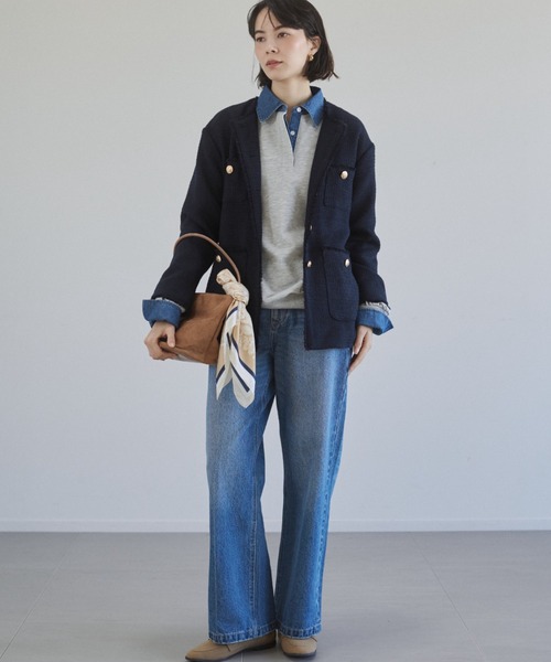 ノーカラー ツイードジャケット 青 ANGIE ジャケット ノーカラージャケット 「オケージョン対応」ノー