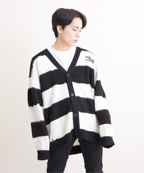 「BOY LONDON」 ニットカーディガン M ブラック×ホワイト メンズ_画像2