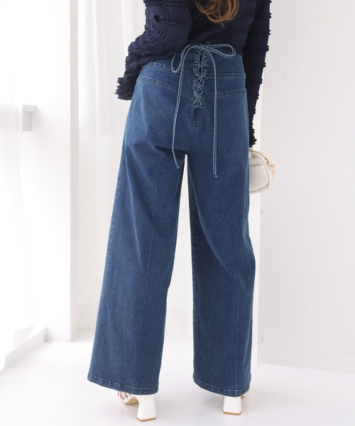 MiharaYasuhiro バックレースアップ ワイドデニムパンツ カットオフ セール】【新色追加 】バックレースアップデニムワイドパンツ