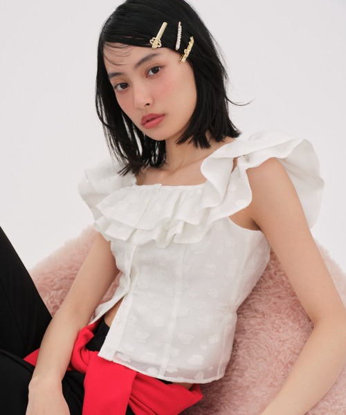 SNIDEL フリルリボン付きシャツ　ジャガードボウタイフリルブラウス SNIDEL（スナイデル）の「ジャガードボウタイフリルオープン