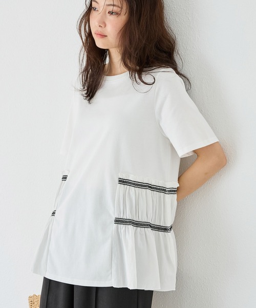 tシャツ シャーリング配色プルオーバー レディース