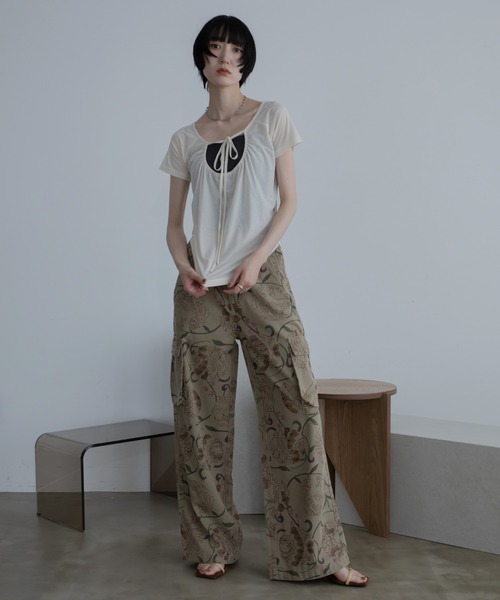 tシャツ 2wayフロントホールリボンチョーカートップス