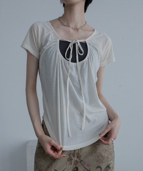 tシャツ 2wayフロントホールリボンチョーカートップス