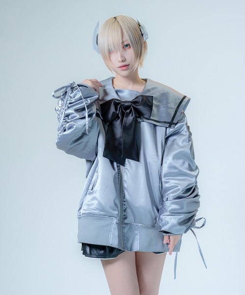 美品　ペリキュール　リボン ギャザー リブ ブルゾン　バルーンスリーブ　シルバー Re：CRYPT（リクリプト） ブルゾン アウター ビッグリボンセーラー