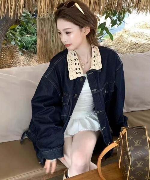 デニムジャケット gジャン 衿レースデザイン オーバーサイズデニム