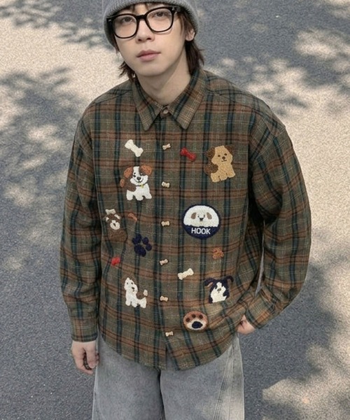 479c-boy styleチェック柄長袖ポロシャツブラウンスラックスＸＬ古着 シャツ HOOK -original- レトロ古着風 ドッグ刺繍チェックシャツ