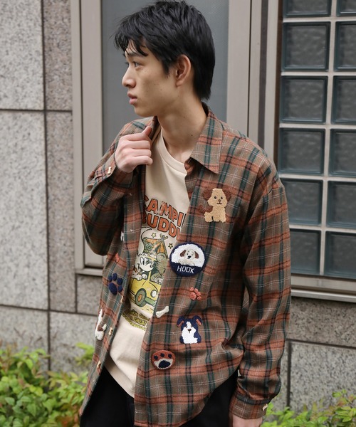 479c-boy styleチェック柄長袖ポロシャツブラウンスラックスＸＬ古着 シャツ HOOK -original- レトロ古着風 ドッグ刺繍チェックシャツ
