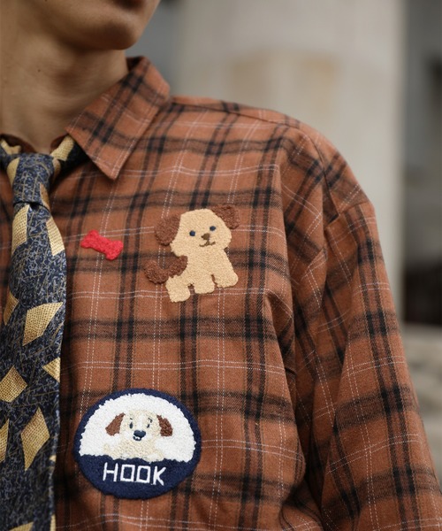 シャツ HOOK -original- レトロ古着風 ドッグ刺繍チェックシャツ