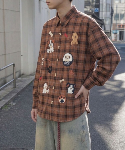 シャツ HOOK -original- レトロ古着風 ドッグ刺繍チェックシャツ