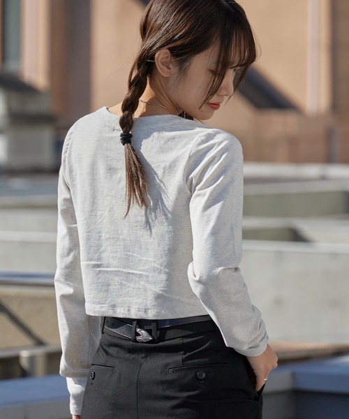   グレー クロップド長袖Tシャツ M ROXY（ロキシー） tシャツ ROXY WITH HEART L/S クロップド丈 長袖T
