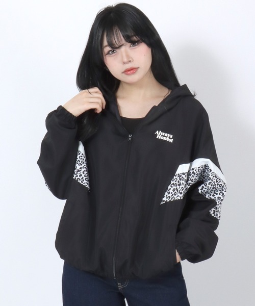ブルゾン ジャンバー ビッグシルエット 袖配色ジップパーカー/ヒョウ柄