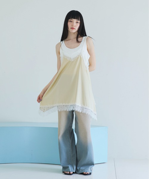 PILIT キャミソール ランダムヘム サテンレースキャミソール