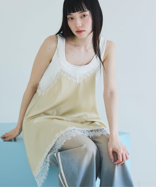 PILIT キャミソール ランダムヘム サテンレースキャミソール