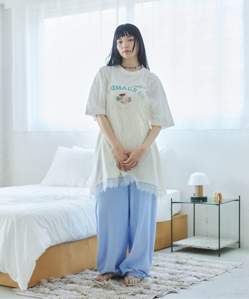 PILIT キャミソール ランダムヘム サテンレースキャミソール