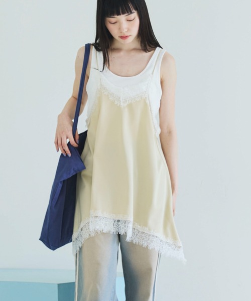 PILIT キャミソール ランダムヘム サテンレースキャミソール