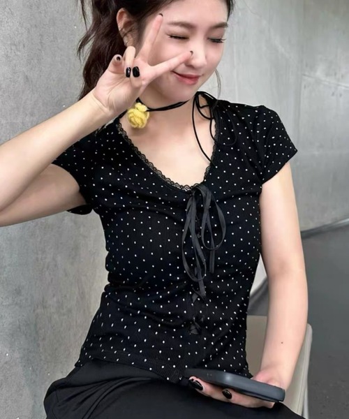 Sibra（シブラ） tシャツ 半袖 ドット柄レースネックリボンリブ