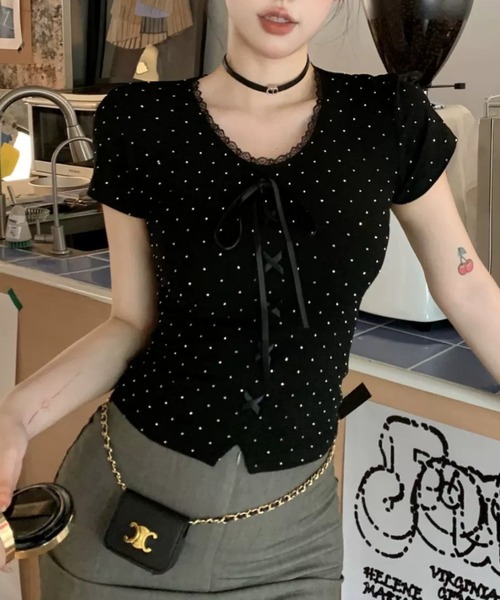 Sibra（シブラ） tシャツ 半袖 ドット柄レースネックリボンリブ