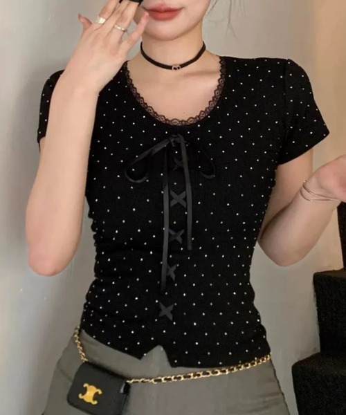 Sibra（シブラ） tシャツ 半袖 ドット柄レースネックリボンリブ