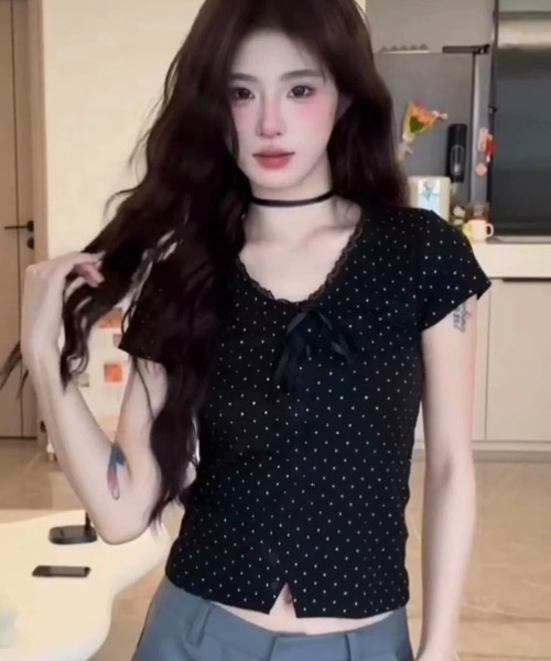Sibra（シブラ） tシャツ 半袖 ドット柄レースネックリボンリブ