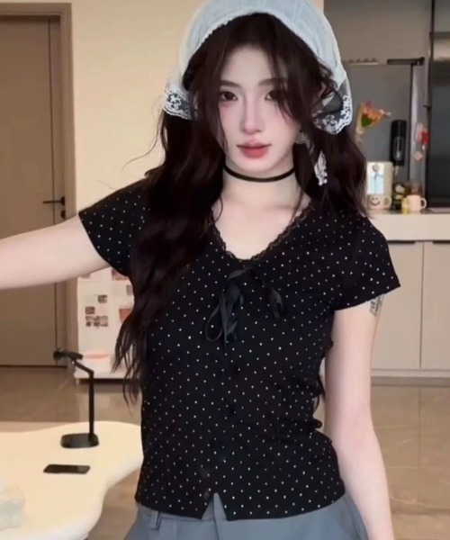 Sibra（シブラ） tシャツ 半袖 ドット柄レースネックリボンリブ