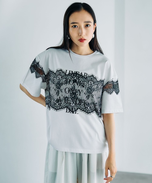 レースフリル　グレーリブ　半袖 T シャツ　レディース　スリム脚長　miu ロゴ レースフリル グレーリブ 半袖 T シャツ レディース スリム脚長 miu