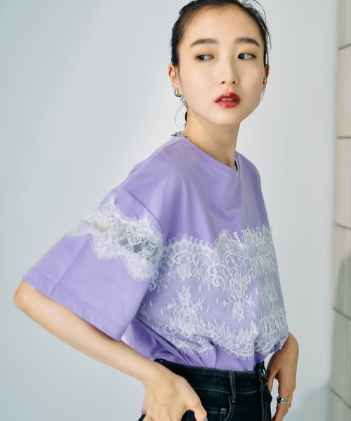 レース装飾 半袖カットソー ライトパープル LEPSIM（レプシィム） tシャツ 半袖 ロゴレースT 816575 レディース