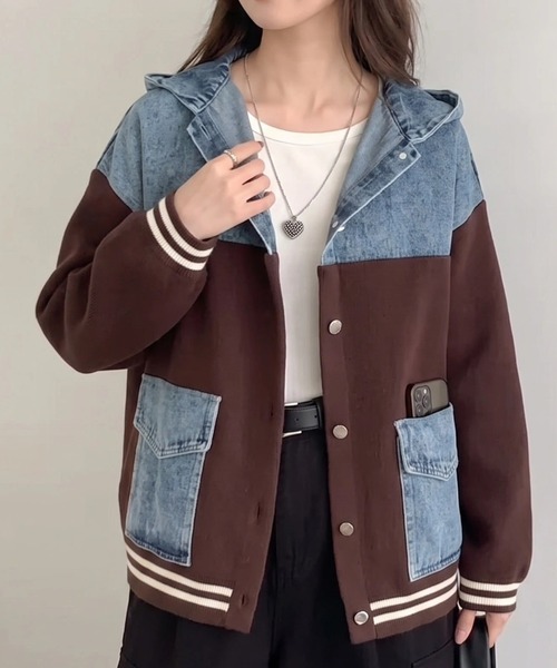 deux amour コート アウター デニム切り替えフード付きボアジャケット 