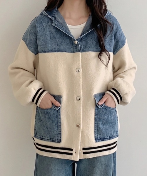 deux amour コート アウター デニム切り替えフード付きボアジャケット 