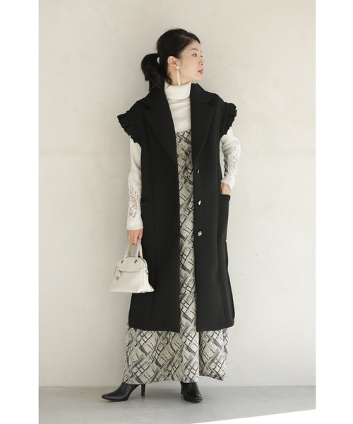 BlackPeaceNow　フリル付き ロングベスト ブラック　ジレ BlackPeaceNow フリル付き ロングベスト ブラック ジレ