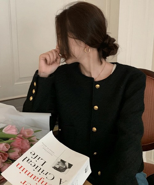 ツイードノーカラージャケット　ブラック、ゴールド　韓国　musinsa ツイードノーカラージャケット ブラック、ゴールド 韓国 musinsa