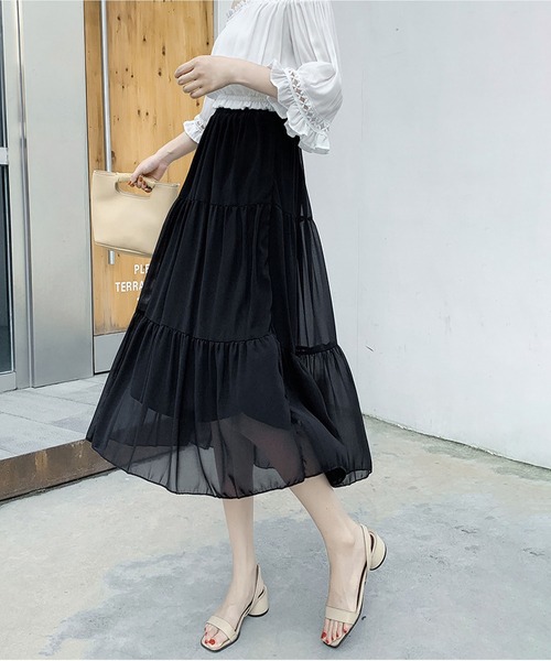 BLANC FICELLE スカート シフォン 裏地付き ハイウエスト スカート