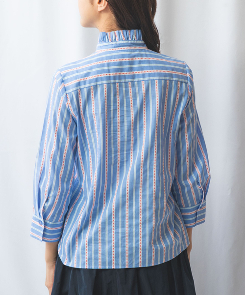 NARACAMICIE / ナラカミーチェ 【NARACAMICIE】ドットストライプ八分袖スキッパーブラウス セール】 【NARACAMICIE】ドットストライプ八分袖スキッパー